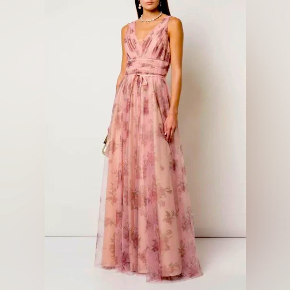 Marchesa Notte V-Neck Floral Tulle A-Line Gown